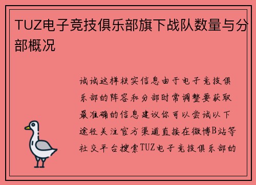 TUZ电子竞技俱乐部旗下战队数量与分部概况